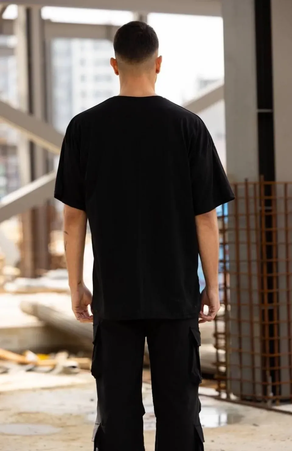 Unisex Bisiklet Yaka Baskılı Oversize T-Shirt - Siyah