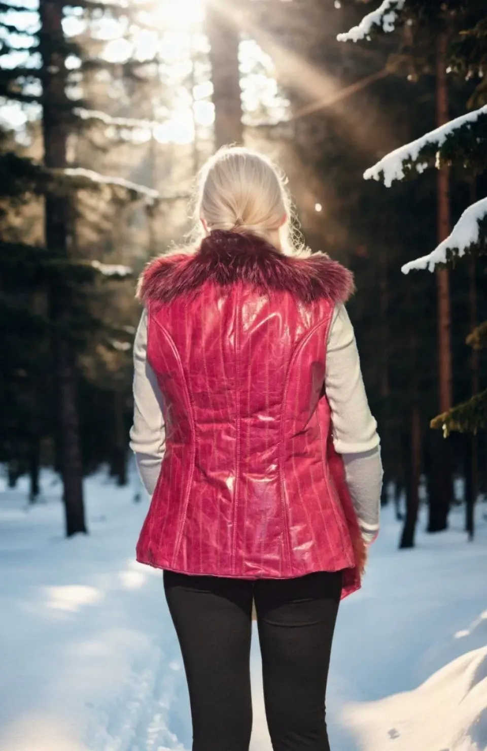 Kadın Kolsuz Hakiki Yelek - Fuşya