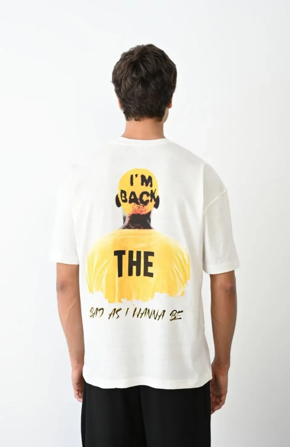 Unisex Bisiklet Yaka Baskılı Oversize T-Shirt - Beyaz