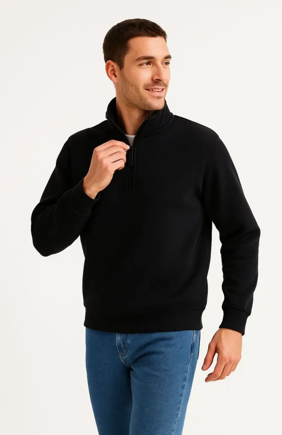 Erkek Dik Yaka Sweatshirt Dik Yaka Yarım Fermuarlı 3 İplik Şardonlu Pamuk Kumaş - Siyah