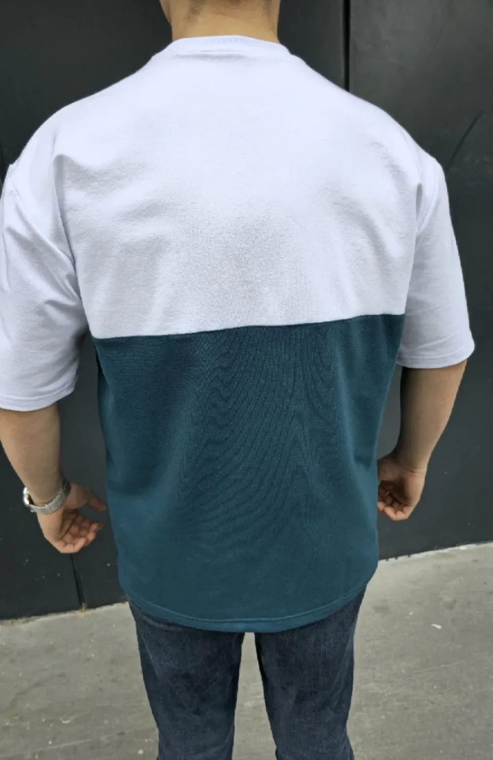 Unisex Torba Cep Detaylı Parçalı T-Shirt - Lacivert