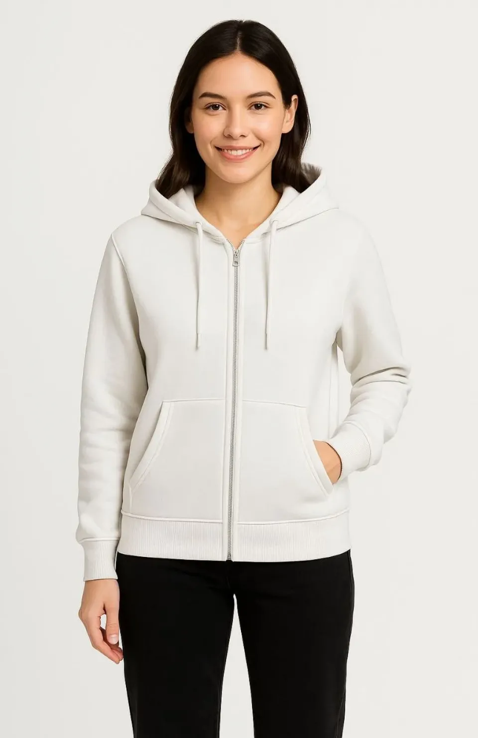 Kadın Üç İplik Kapüşonlu Tam Fermuarlı Kanguru Çepli SweatShirt Hoodie - Beyaz