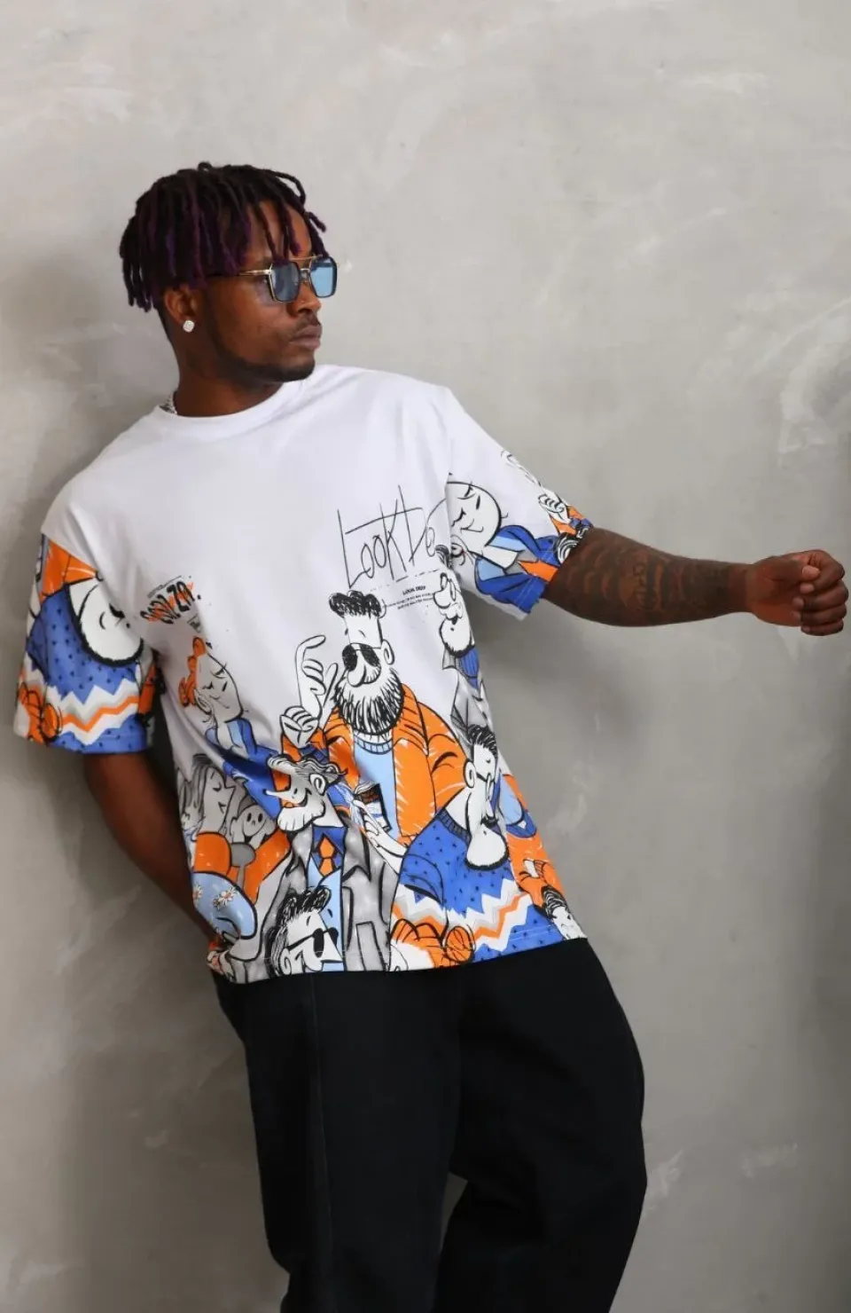 Unisex Oversize Baskılı Bisiklet Yaka T-Shirt - Beyaz