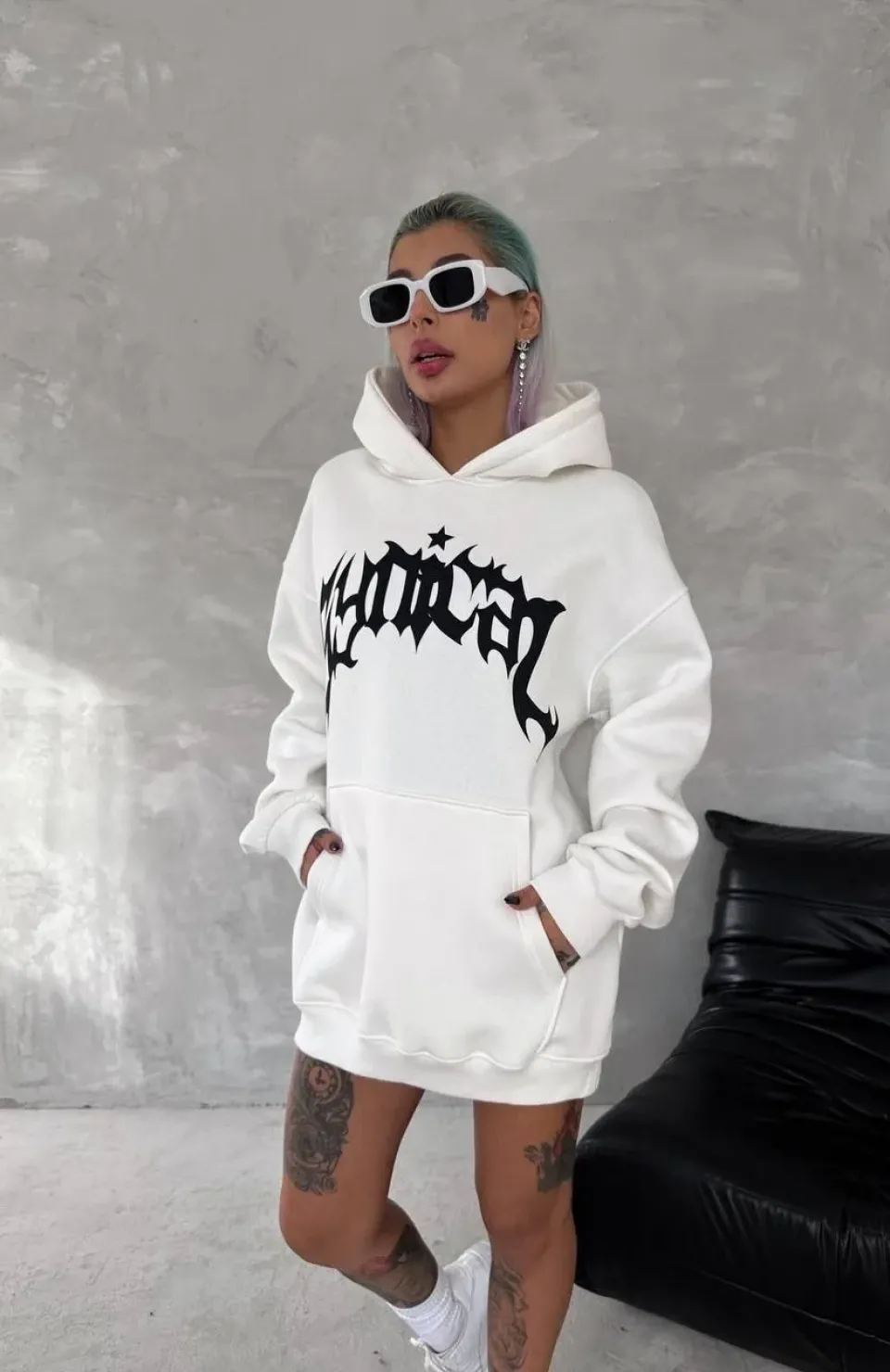 Unisex Üç İplik Kapüşonlu Baskılı SweatShirt - Beyaz