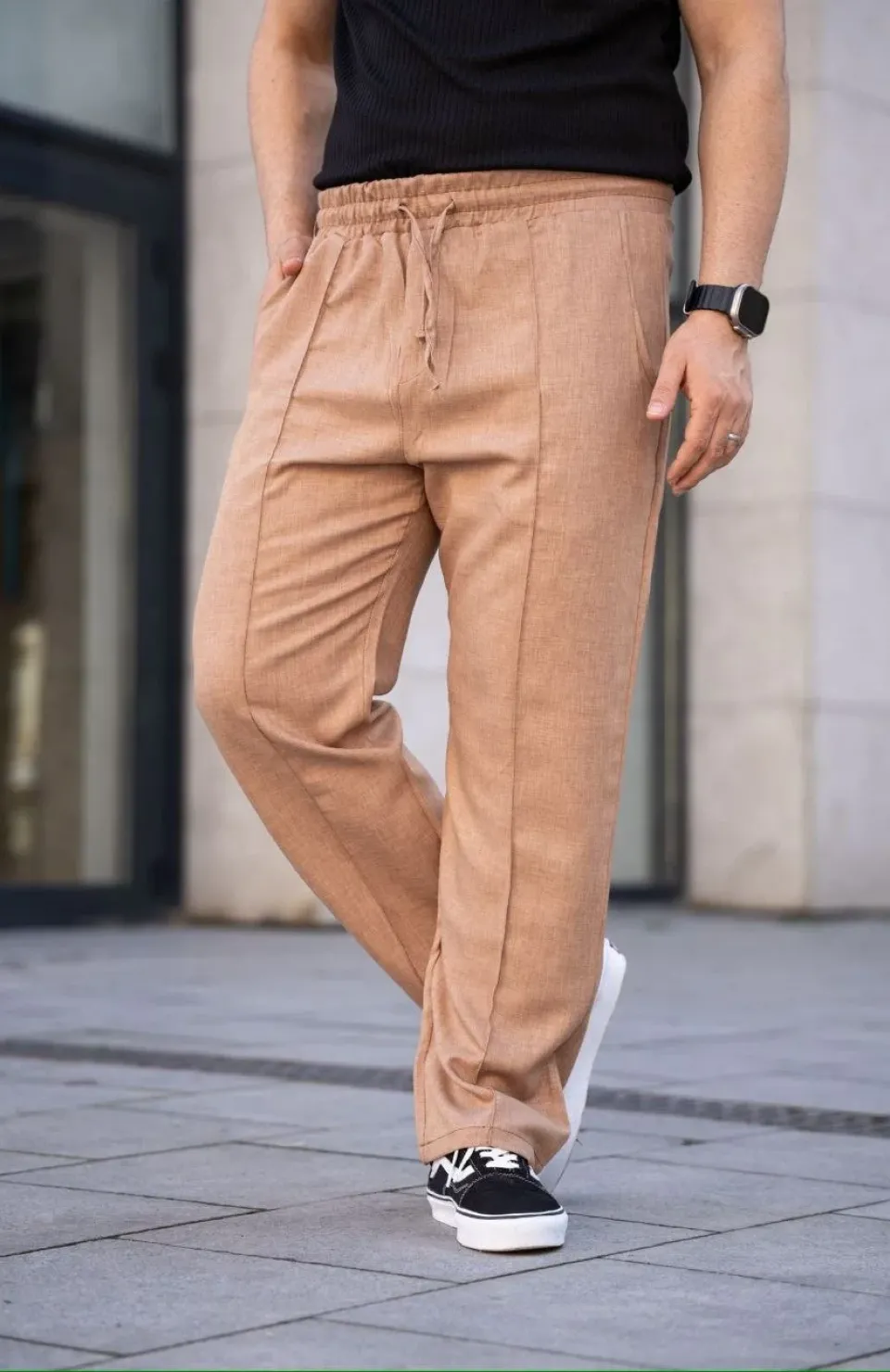 Erkek Keten Cepli Çıma Dikişli jogger Buggy Pantalon Rahat kalıp - Kahverengi