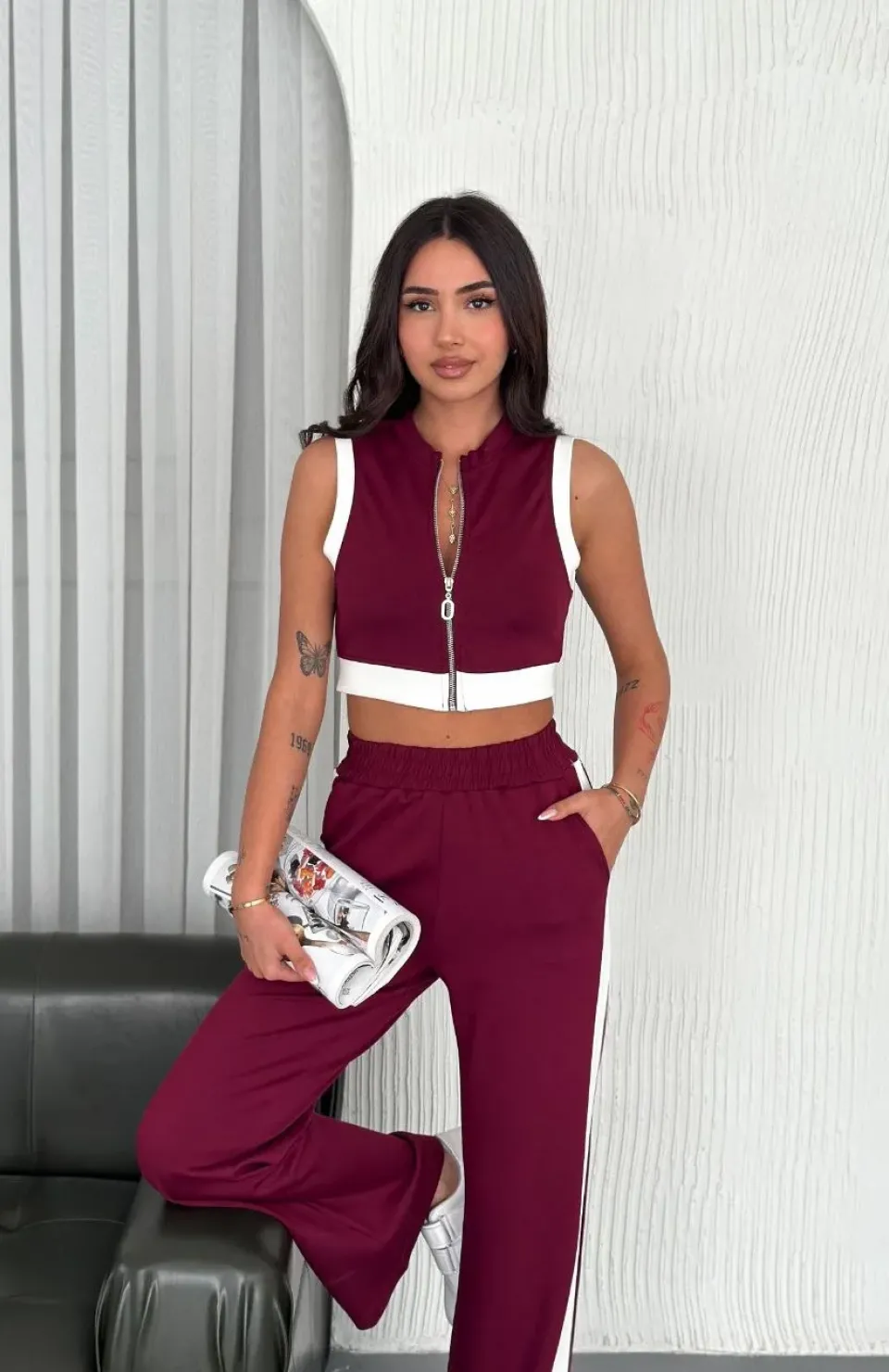 Osy Modal Yumuşak Dokulu Kumaş Tam Fermuarlı Crop Pantalon İkili Takım - Bordo