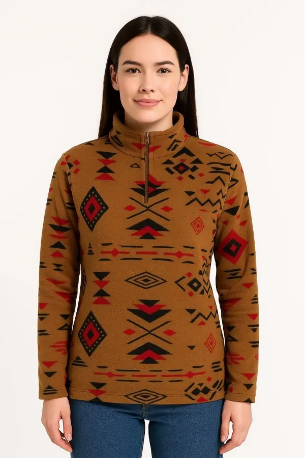 Kadın Yarım Fermuarlı Desenli Polar Sweat Tribal Etnik Desen Yakalı, Uzun Kollu, Oversize Rahat Kalıp - Kahverengi
