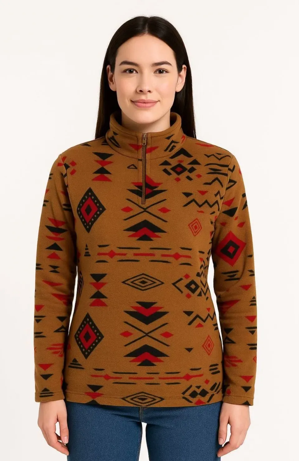 Kadın Yarım Fermuarlı Desenli Polar Sweat Tribal Etnik Desen Yakalı, Uzun Kollu, Oversize Rahat Kalıp - Kahverengi