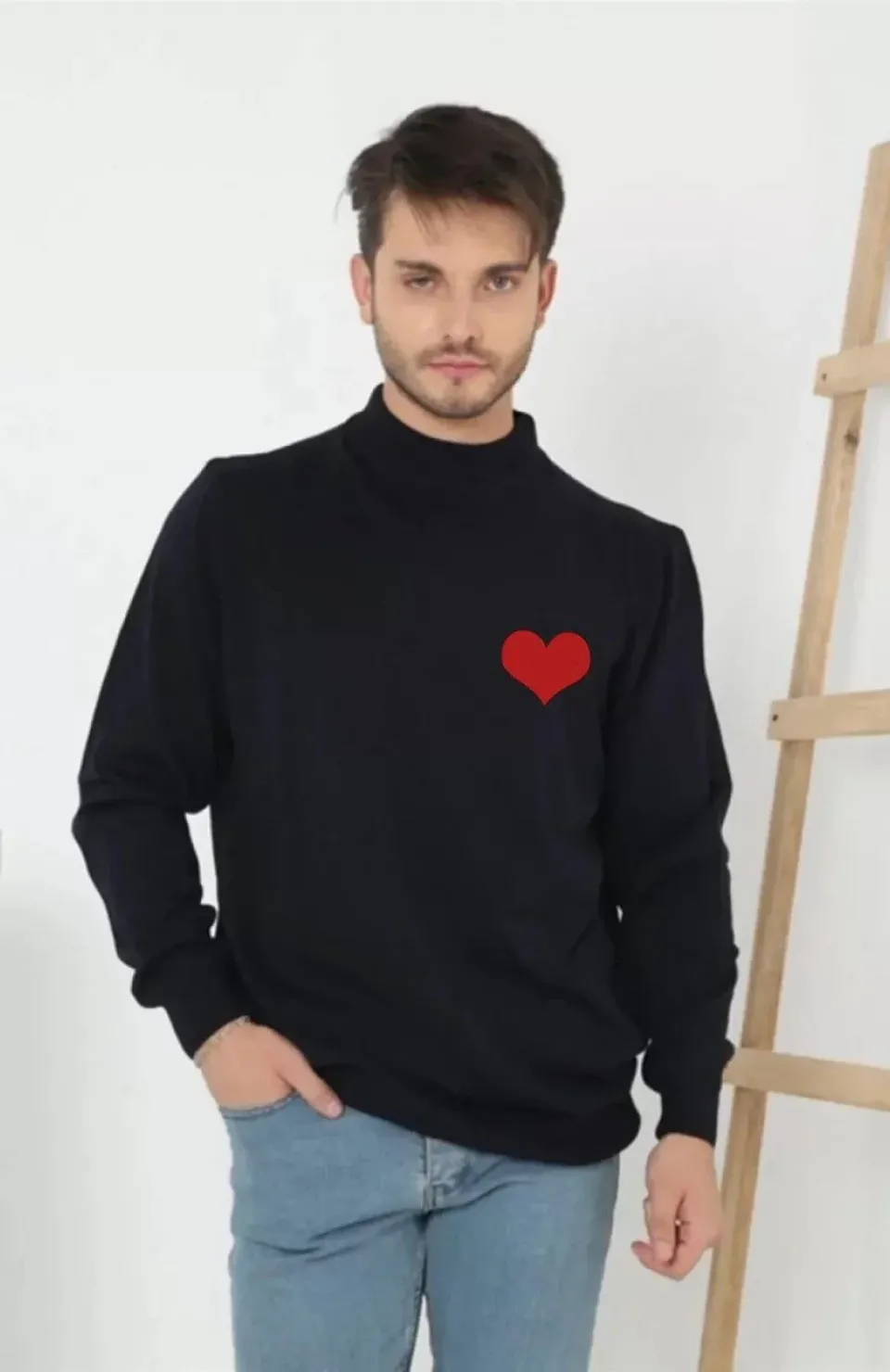 Unisex Yarım Boğazlı Baskılı Dokuma Triko - Siyah