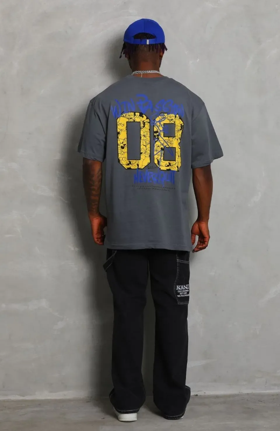 Unisex Oversize Baskılı Bisiklet Yaka T-Shirt - Füme