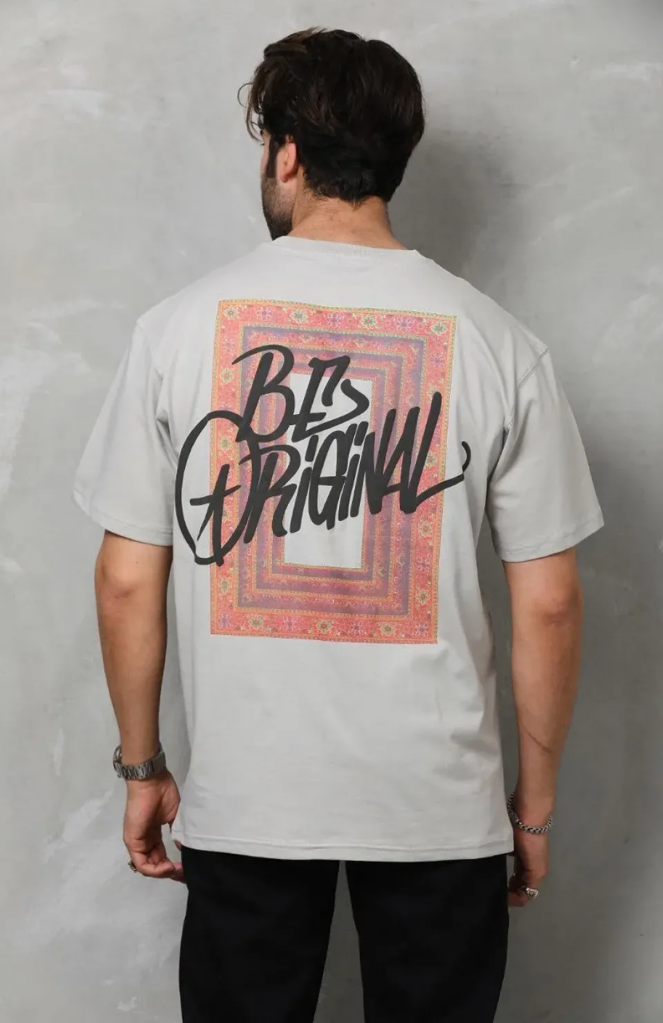 Unisex Bisiklet Yaka Baskılı Oversize T-Shirt - Gri