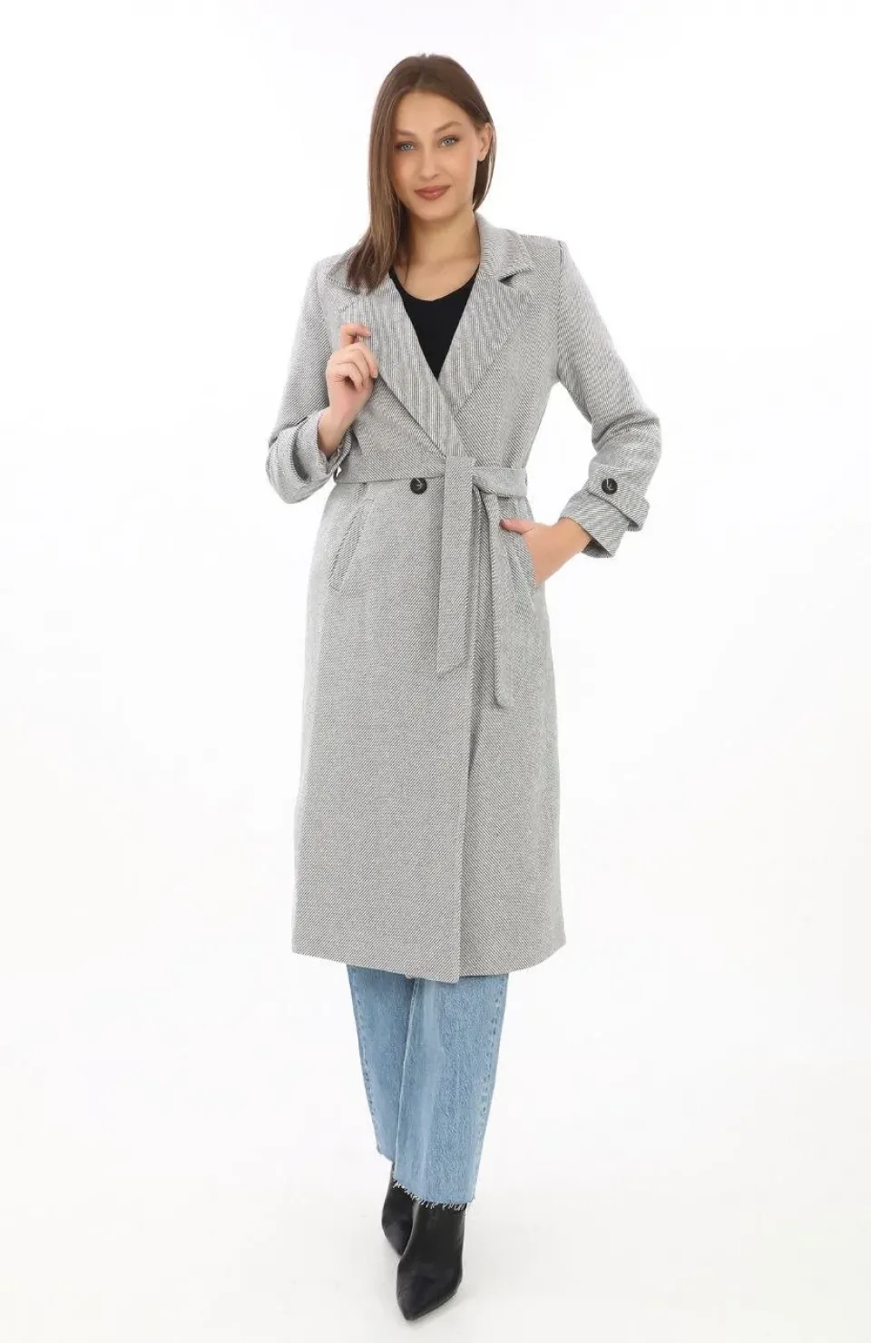 Kadın Astarlı Balık Sırtı Kaşmir Kaşe Kaban - Gri