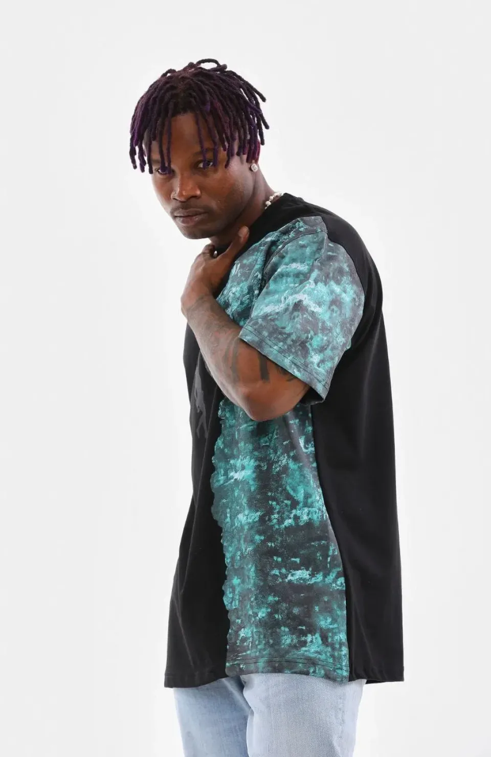 Unisex Bisiklet Yaka Baskılı Oversize T-Shirt - Siyah