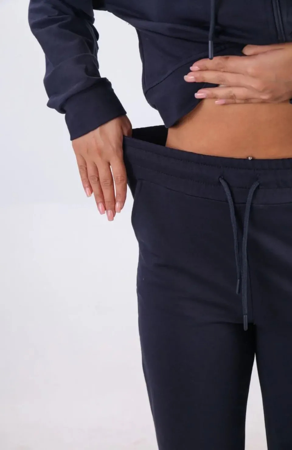 iki iplik Kapüşonlu Fermuarlı Crop Oversize Hırka Takım- Lacivert