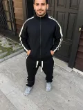 Erkek Çift Şeritli Eşofman Takım Dik Yaka Fermuarlı Sweatshirt Boru Paça Alt, Oversize 3 iplik Pamuklu - Siyah