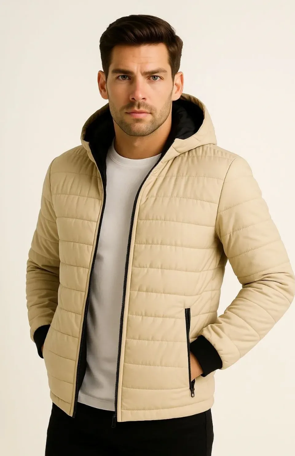 Erkek Şişme Kapüşonlu Fermuarlı Mont Su itici Kapitone Astarlı Kumaş Cepli Kışlık Rahat Kalıp - Bej Somersan Giyim | Kadın, Erkek ve Çocuk Moda