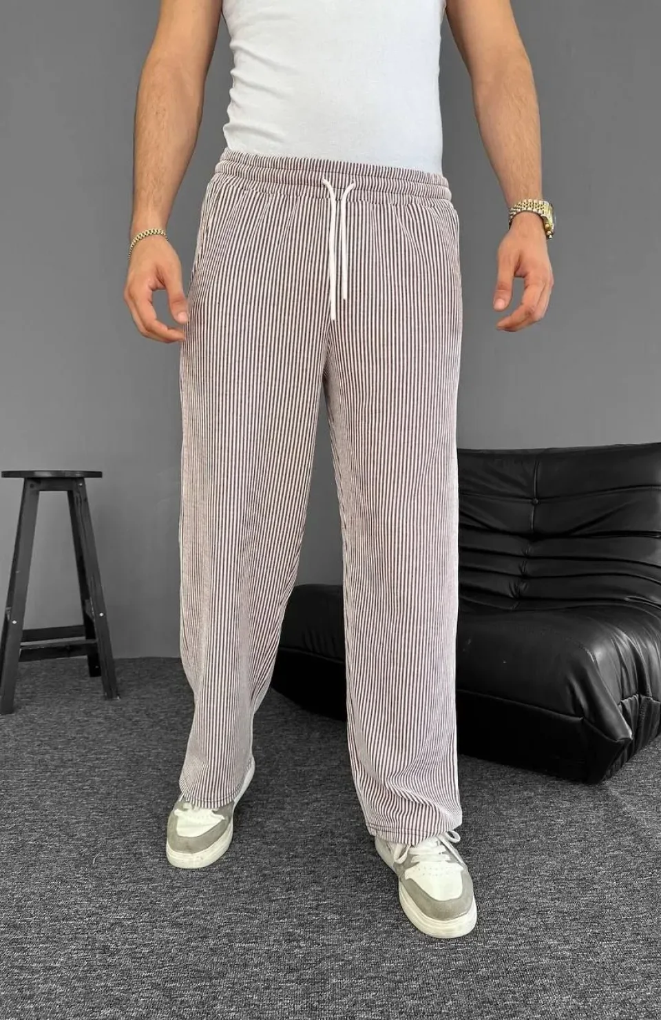 Su Yolu Çizgili Cepli Pantalon Yazlık - Kahverengi