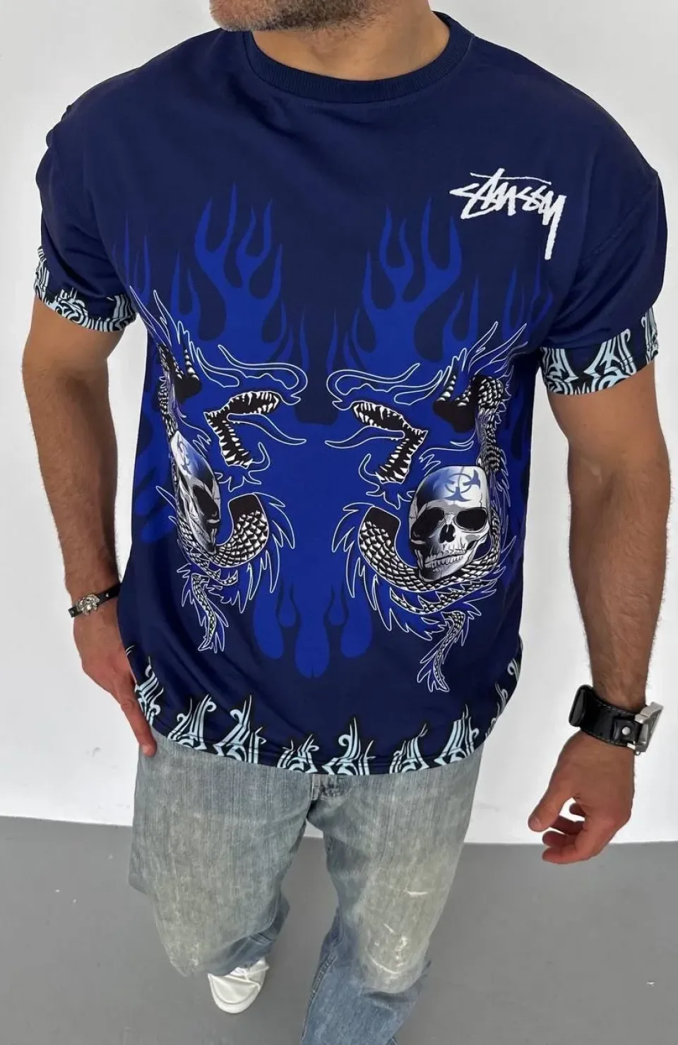 Unisex Bisiklet Yaka Baskılı Oversize T-Shirt - Lacivert