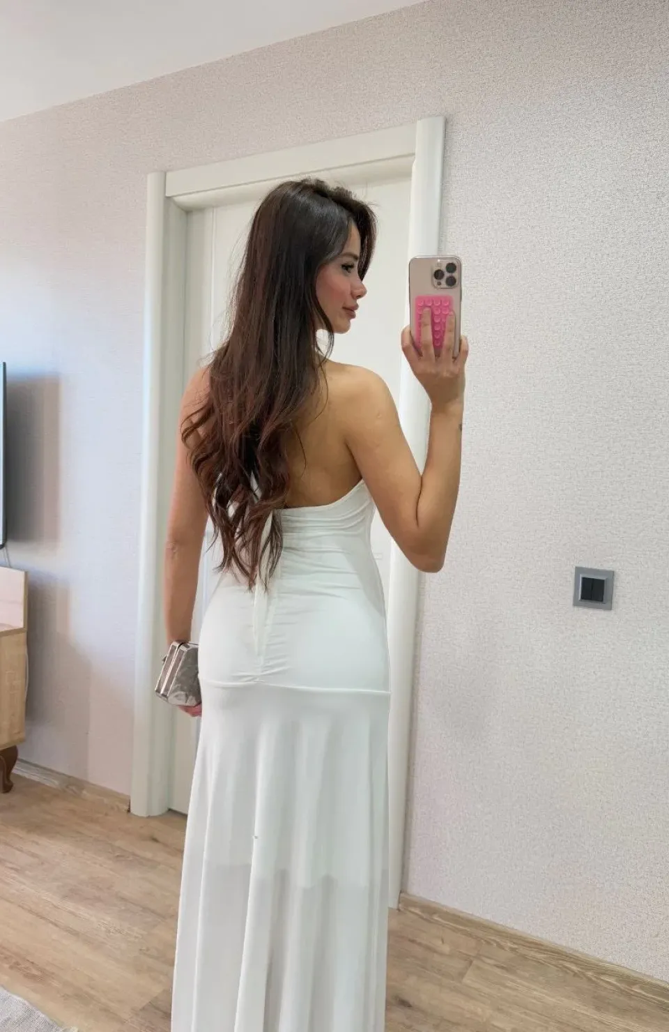 Sırt dekolteli Uzun Elbise - Beyaz