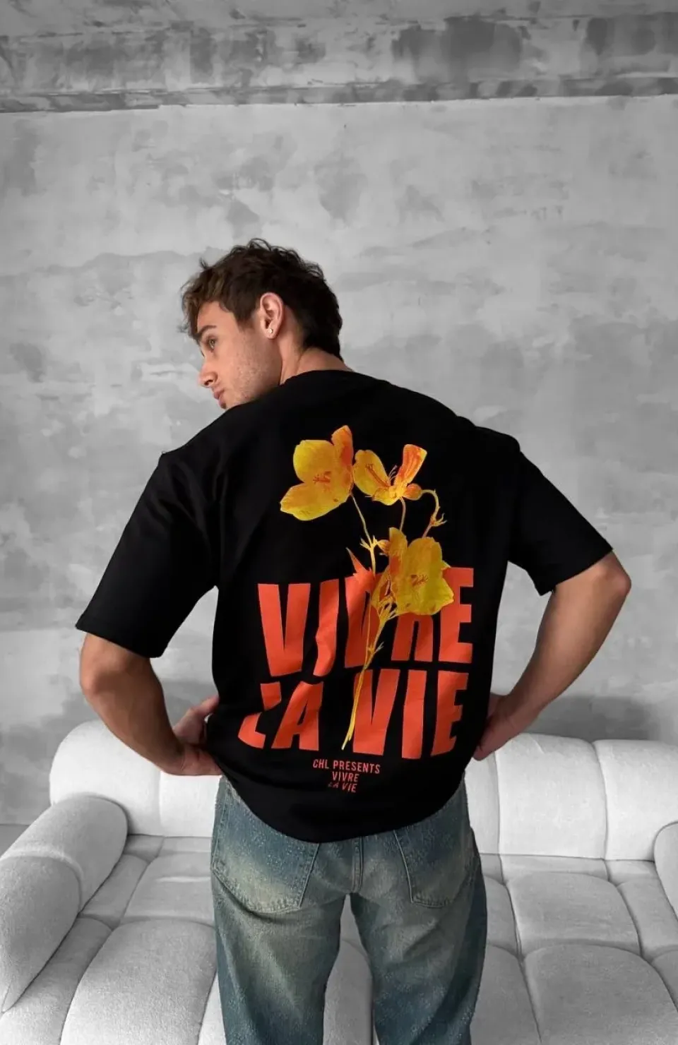 Ön ve Arka Baskılı Oversize Bisiklet Yaka T-shirt- Siyah