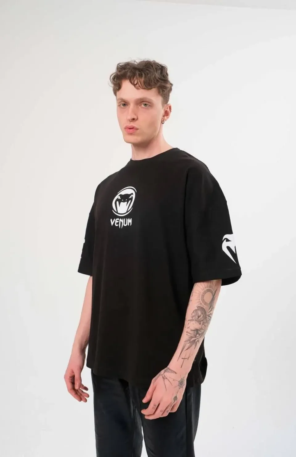 Unisex Bisiklet Yaka Baskılı Oversize T-Shirt - Siyah