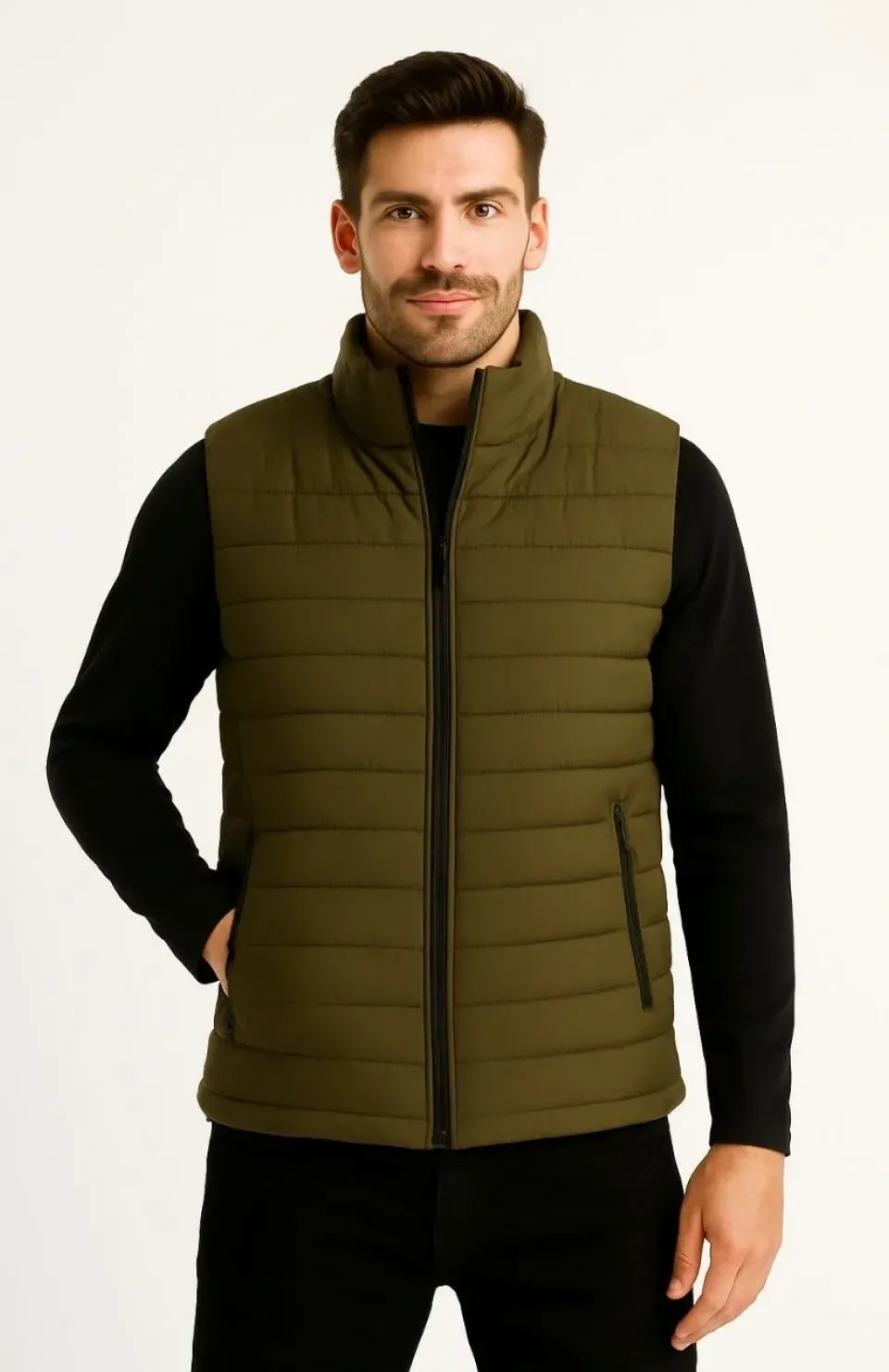 Erkek Şişme Fermuarlı Yelek Su itici Kapitone Astarlı Kumaş Cepli Hafif Kışlık Spor Rahat Kalıp - Haki Somersan Giyim | Kadın, Erkek ve Çocuk Moda