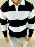 Erkek Polo Yaka Uzun Kollu Çizgili Sweatshirt Trend Rugby Stil - Siyah