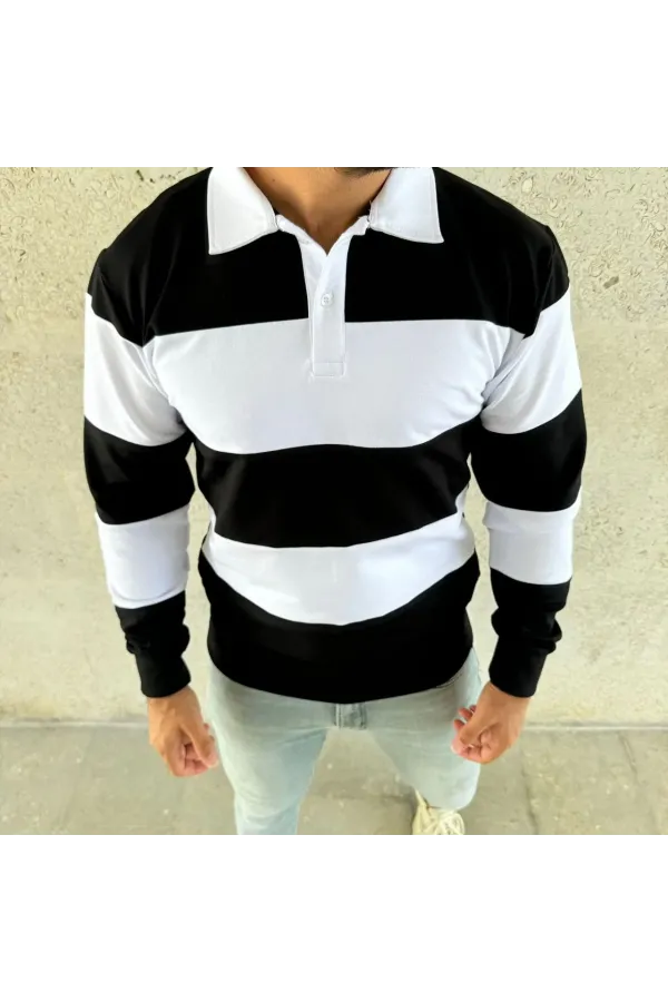 Erkek Polo Yaka Uzun Kollu Çizgili Sweatshirt Trend Rugby Stil - Siyah