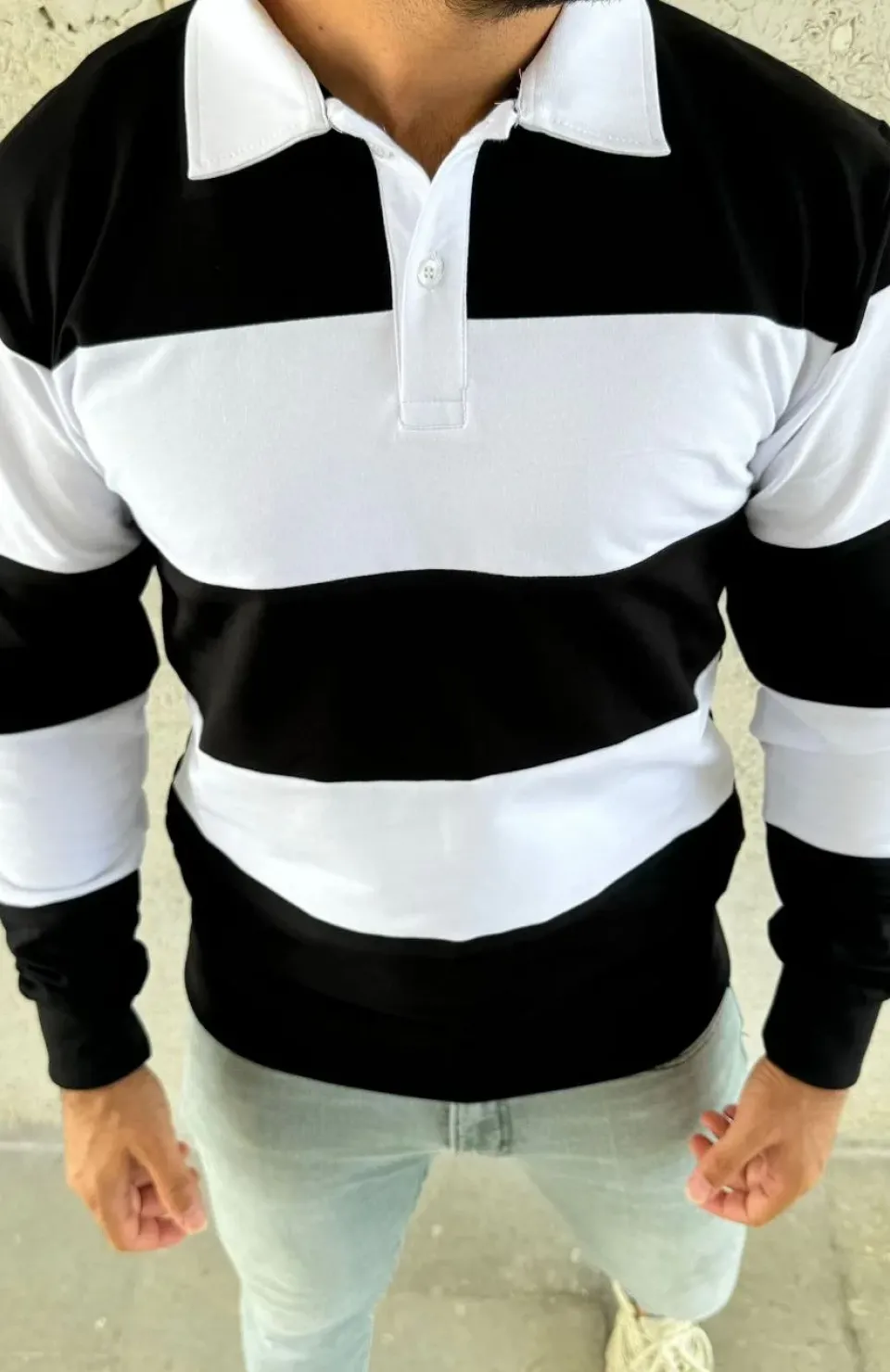 Erkek Polo Yaka Uzun Kollu Çizgili Sweatshirt Trend Rugby Stil - Siyah