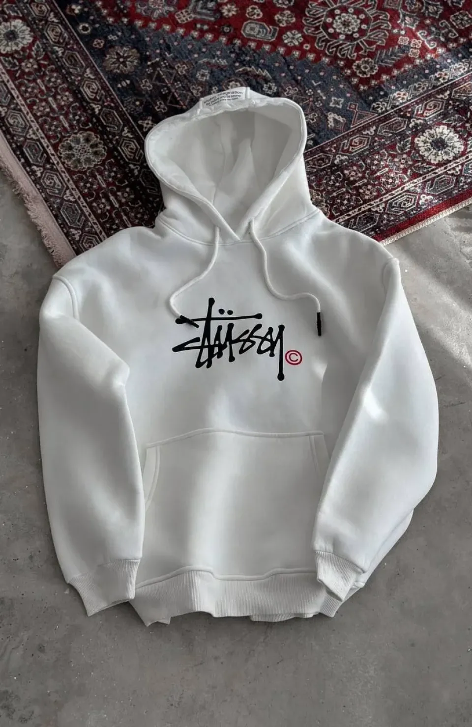 Üç İplik Kapşonlu Baskılı SweatShirt - Beyaz