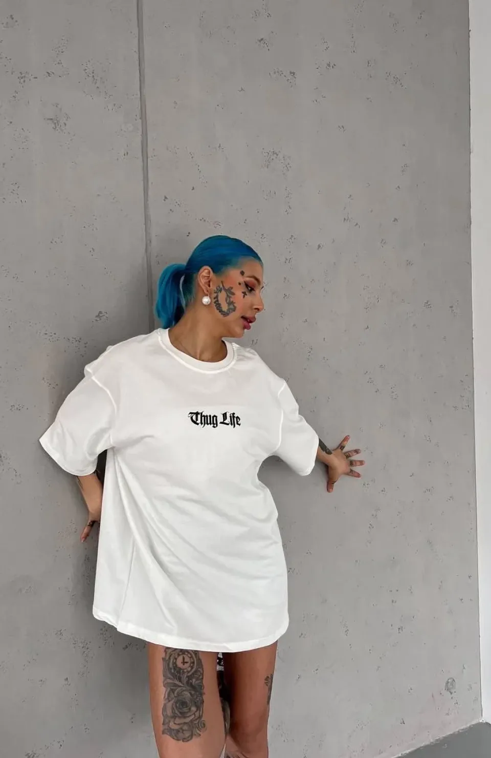 Unisex Bisiklet Yaka Baskılı Oversize T-Shirt - Beyaz