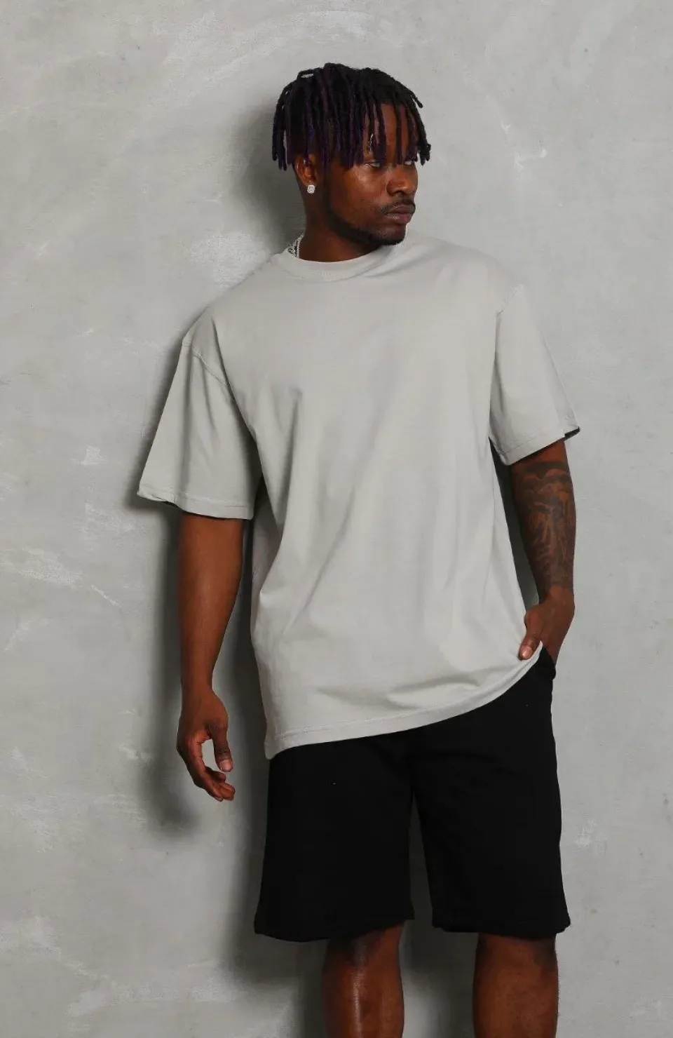 Unisex Oversize Düz Bisiklet Yaka T-Shirt - Gri