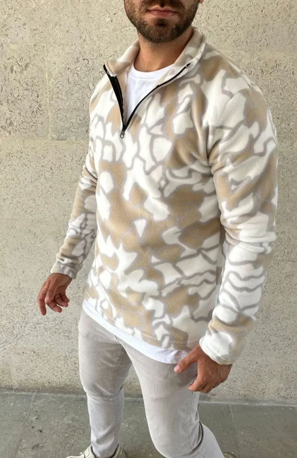Erkek Yarım Fermuarlı Desenli Polar Sweat Yakalı, Uzun Kollu, Oversize Rahat Kalıp - Bej