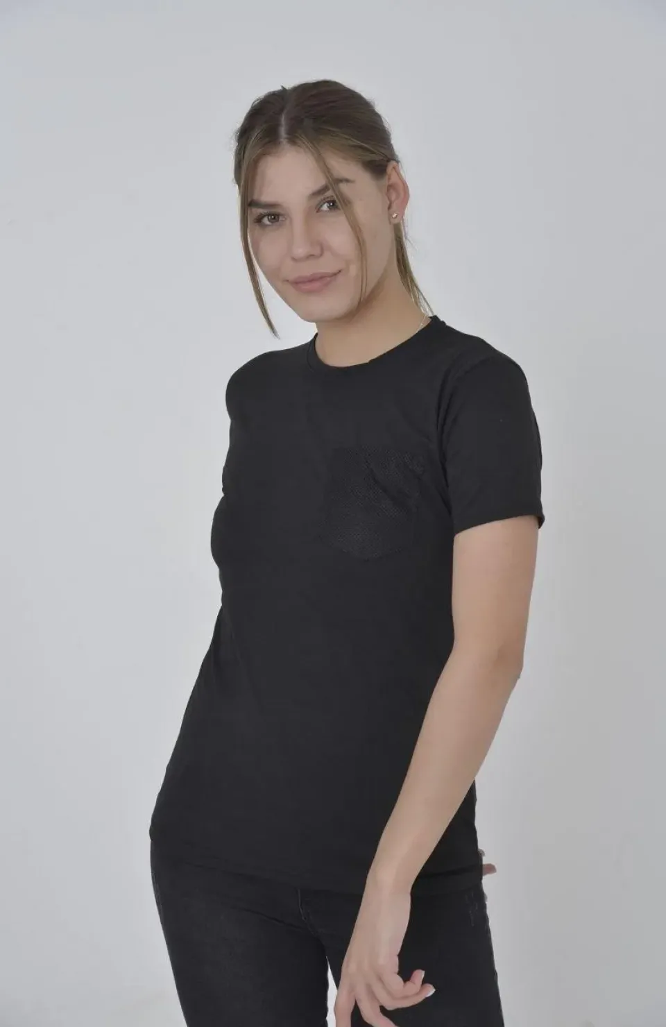 Kadın File Cepli Slim fit T-shirt - Siyah