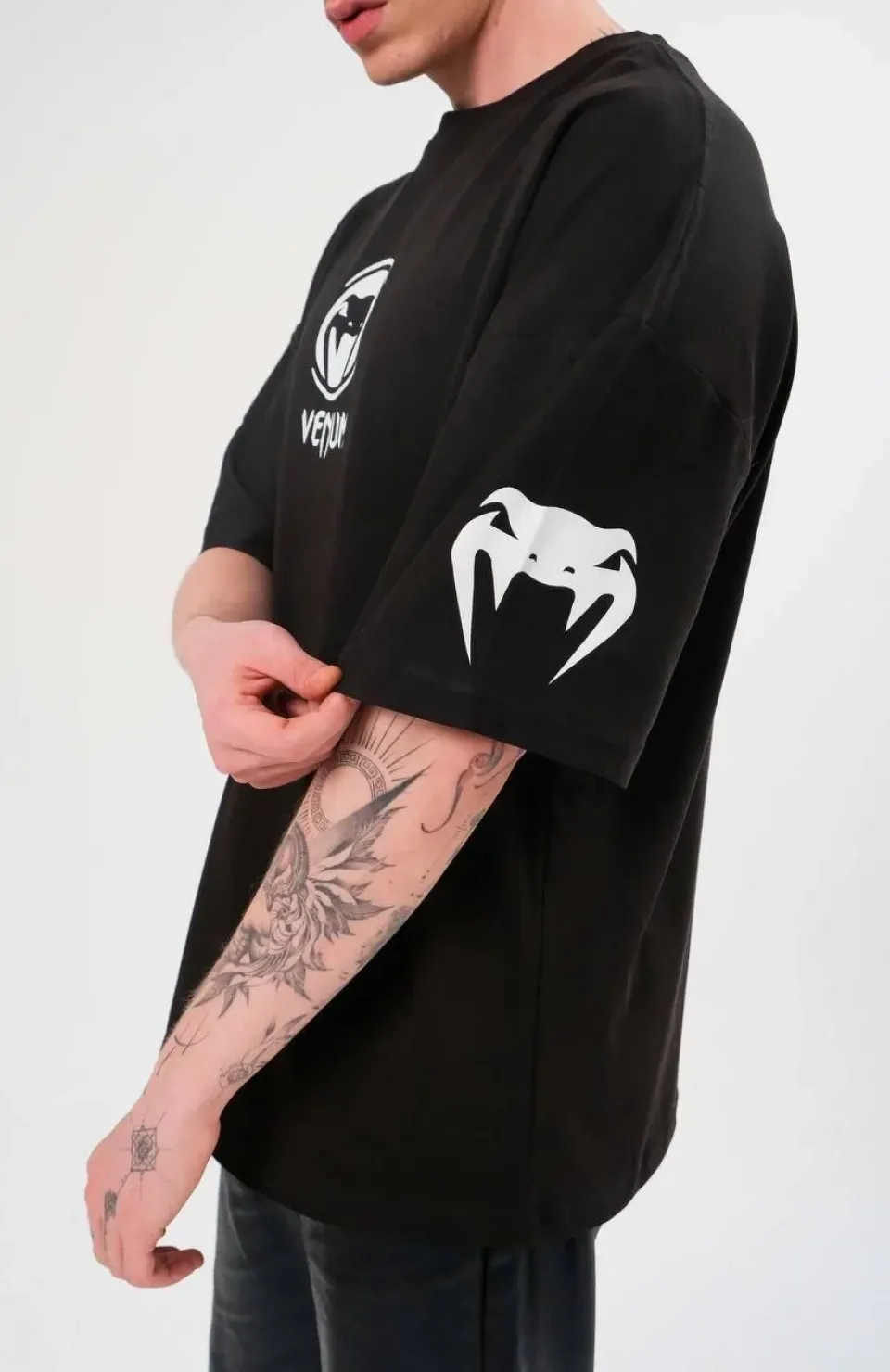 Unisex Bisiklet Yaka Baskılı Oversize T-Shirt - Siyah