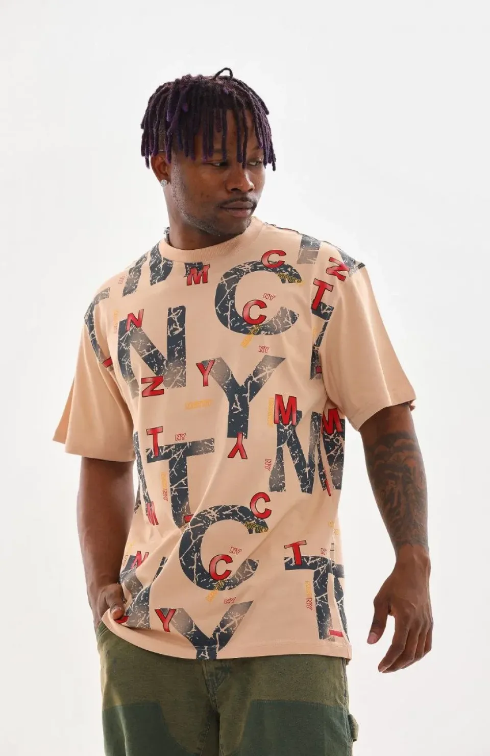 Unisex Baskılı Oversize T-Shirt - Bej