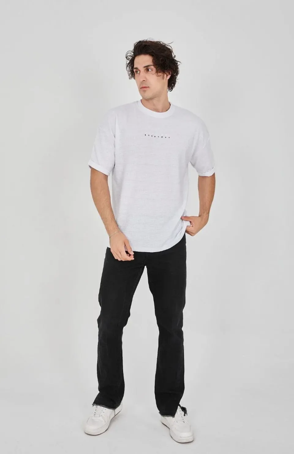 Unisex Jakar Kumaş Rahat Kol T-Shirt - Beyaz