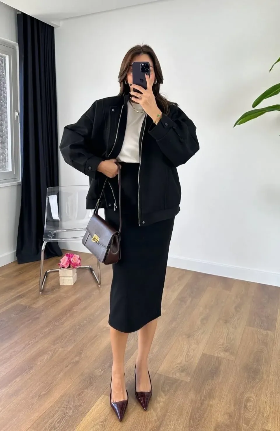 RYSE Kadın Mevsim Kaşe Fermuarlı Ceket Etek Takım Kaşmir Ceket Etekli  İkili Takım Kaşe Bomber Ceket-Etek Takım