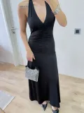 Sırt dekolteli Uzun Elbise - Siyah