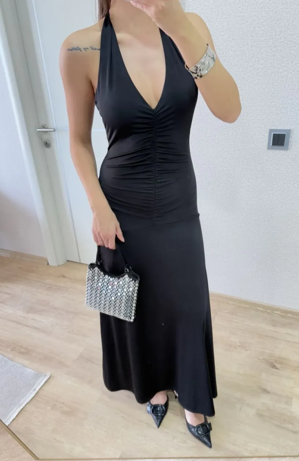 Sırt dekolteli Uzun Elbise - Siyah