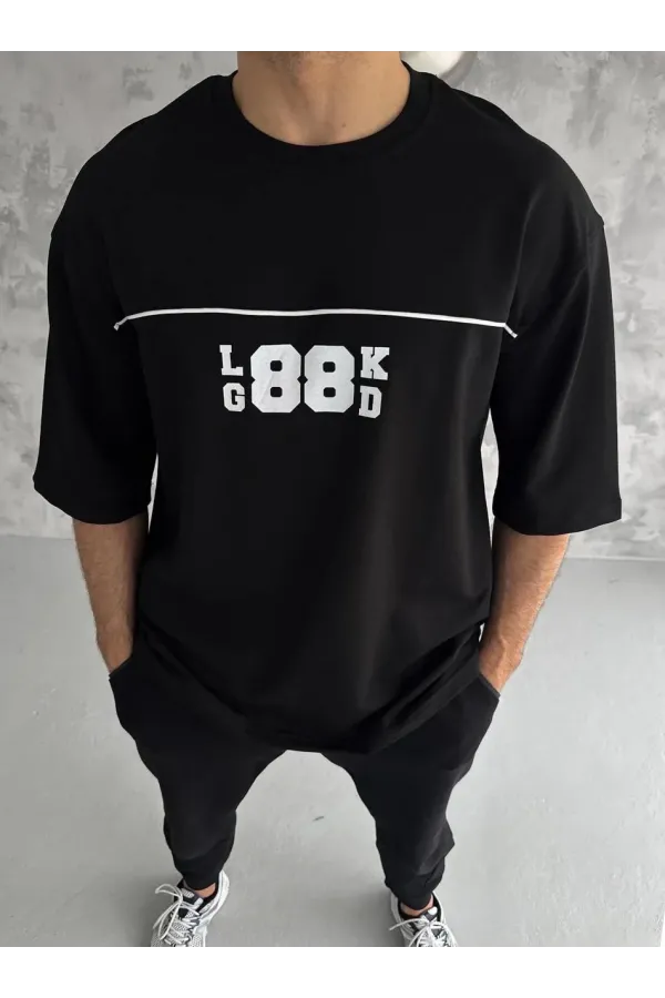 Unisex Bisiklet Yaka Baskılı Oversize T-Shirt - Siyah