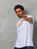 Unisex Bisiklet Yaka Baskılı Oversize T-Shirt - Beyaz