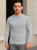 Erkek Bisiklet Yuvarlak Yaka Triko Kazak Pamuklu Kalın Fitilli Dokuma, Regular Fit Uzun Kollu Kışlık Model - Gri
