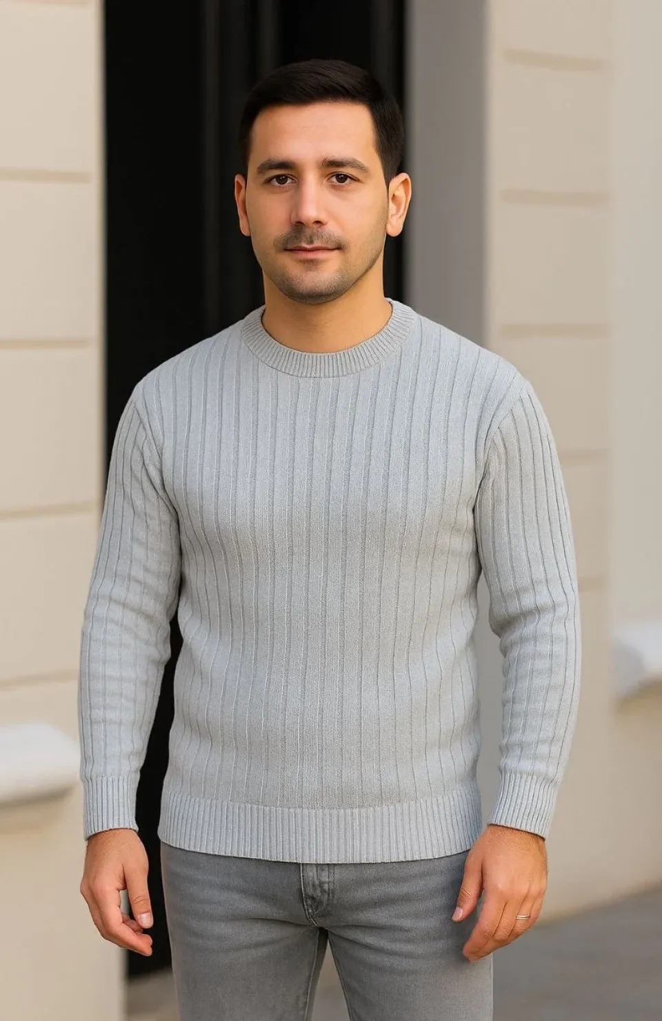 Erkek Bisiklet Yuvarlak Yaka Triko Kazak Pamuklu Kalın Fitilli Dokuma, Regular Fit Uzun Kollu Kışlık Model - Gri