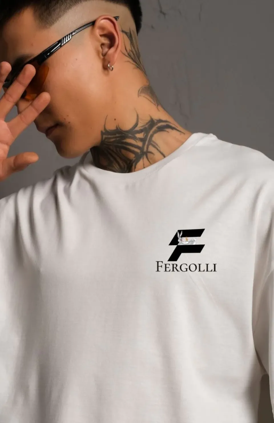 Unisex Bisiklet Yaka Baskılı Oversize T-Shirt - Beyaz