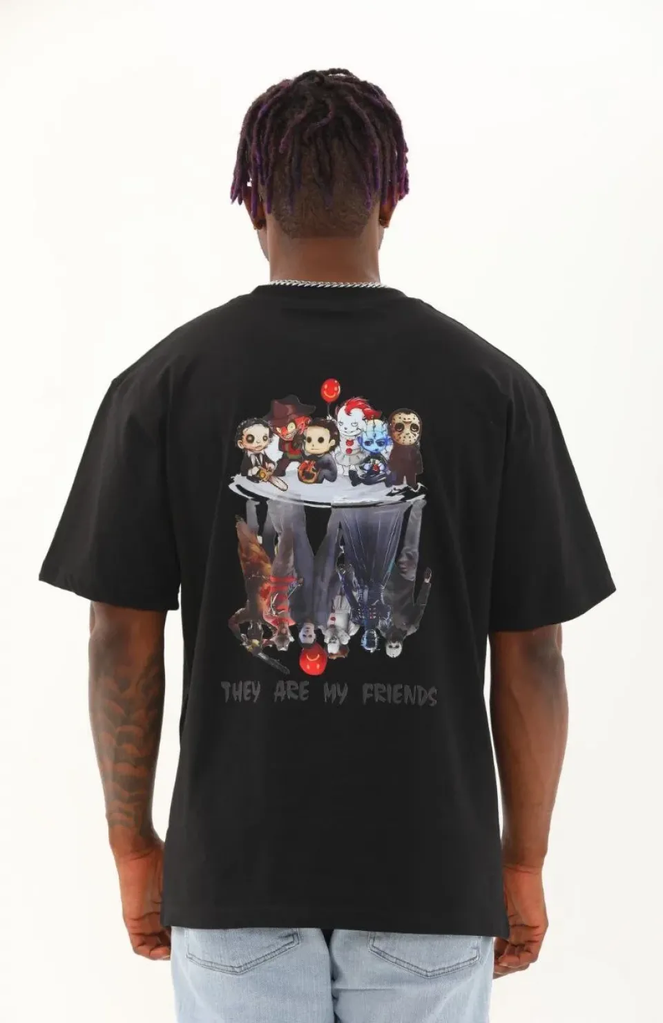 Unisex Oversize Baskılı Bisiklet Yaka T-Shirt - Siyah