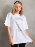 Unisex Taş Desenli Oversize T-Shirt - Beyaz