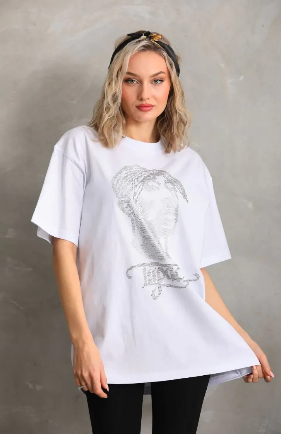 Unisex Taş Desenli Oversize T-Shirt - Beyaz