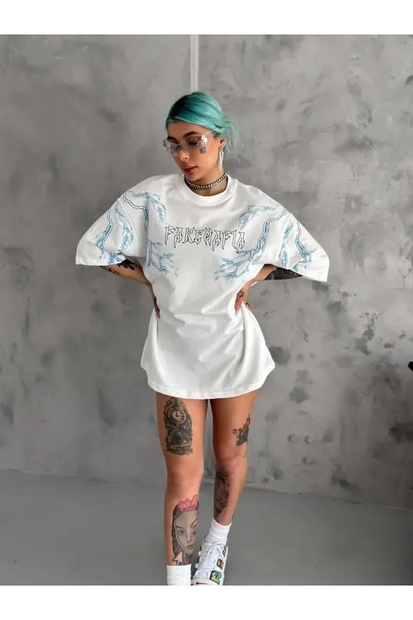 Unisex Bisiklet Yaka Baskılı Oversize T-Shirt - Beyaz