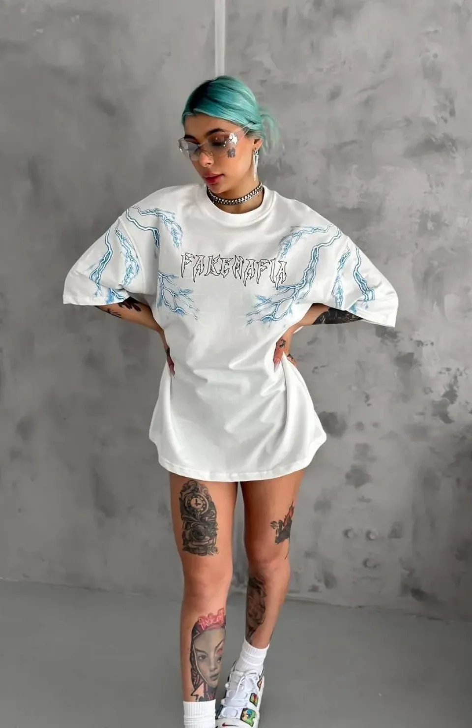 Unisex Bisiklet Yaka Baskılı Oversize T-Shirt - Beyaz